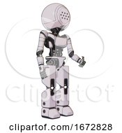 Poster, Art Print Of Automaton Containing Dots Array Face And Light Chest Exoshielding And Ultralight Chest Exosuit And Prototype Exoplate Legs White Halftone Toon Facing Left View
