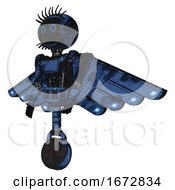 Mech Containing Digital Display Head And Circle Eyes And Eye Lashes Deco And Light Chest Exoshielding And Ultralight Chest Exosuit And Cherub Wings Design And Unicycle Wheel Grunge Dark Blue