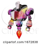 Android Containing Humanoid Face Mask And Spiral Design And Heavy Upper Chest And Red Shield Defense Design And Jet Propulsion Plasma Burst Standing Looking Right Restful Pose