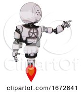 Poster, Art Print Of Cyborg Containing Dots Array Face And Light Chest Exoshielding And Chest Valve Crank And Rocket Pack And Jet Propulsion White Halftone Toon Pointing Left Or Pushing A Button