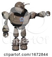 Poster, Art Print Of Mech Containing Grey Alien Style Head And Metal Grate Eyes And Bug Antennas And Heavy Upper Chest And Circle Of Blue Leds And Light Leg Exoshielding And Spike Foot Mod Patent Khaki Metal