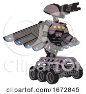 Bot Containing Gatling Gun Face Design And Light Chest Exoshielding And Yellow Chest Lights And Cherub Wings Design And Six Wheeler Base Dark Sketch Facing Left View