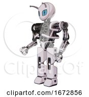 Poster, Art Print Of Robot Containing Grey Alien Style Head And Blue Grate Eyes And Bug Antennas And Heavy Upper Chest And No Chest Plating And Prototype Exoplate Legs White Halftone Toon Facing Right View
