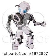 Poster, Art Print Of Robot Containing Grey Alien Style Head And Blue Grate Eyes And Bug Antennas And Heavy Upper Chest And No Chest Plating And Prototype Exoplate Legs White Halftone Toon Fight Or Defense Pose