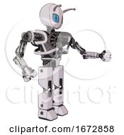 Poster, Art Print Of Robot Containing Grey Alien Style Head And Blue Grate Eyes And Bug Antennas And Heavy Upper Chest And No Chest Plating And Prototype Exoplate Legs White Halftone Toon Interacting