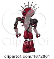 Poster, Art Print Of Robot Containing Oval Wide Head And Blue Led Eyes And Techno Halo Ornament And Heavy Upper Chest And No Chest Plating And Light Leg Exoshielding Fire Engine Red Halftone Hero Pose