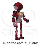 Poster, Art Print Of Android Containing Oval Wide Head And Small Red Led Eyes And Retro Antenna With Light And Light Chest Exoshielding And Yellow Chest Lights And Ultralight Foot Exosuit Fire Engine Red Halftone