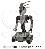 Mech Containing Grey Alien Style Head And Metal Grate Eyes And Eyeball Creature Crown And Heavy Upper Chest And No Chest Plating And Six Wheeler Base Concrete Grey Metal