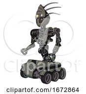 Poster, Art Print Of Mech Containing Grey Alien Style Head And Metal Grate Eyes And Eyeball Creature Crown And Heavy Upper Chest And No Chest Plating And Six-Wheeler Base Concrete Grey Metal Facing Right View