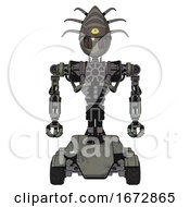 Poster, Art Print Of Mech Containing Grey Alien Style Head And Metal Grate Eyes And Eyeball Creature Crown And Heavy Upper Chest And No Chest Plating And Six-Wheeler Base Concrete Grey Metal Front View