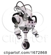Poster, Art Print Of Droid Containing Flat Elongated Skull Head And Cables And Heavy Upper Chest And Chest Energy Sockets And Unicycle Wheel White Halftone Toon Facing Left View