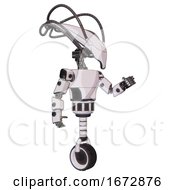 Poster, Art Print Of Robot Containing Flat Elongated Skull Head And Cables And Light Chest Exoshielding And Prototype Exoplate Chest And Unicycle Wheel White Halftone Toon Interacting