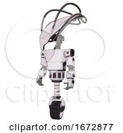 Robot Containing Flat Elongated Skull Head And Cables And Light Chest Exoshielding And Prototype Exoplate Chest And Unicycle Wheel White Halftone Toon Standing Looking Right Restful Pose