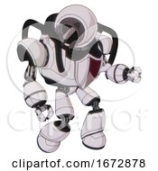 Poster, Art Print Of Android Containing Cable Connector Head And Heavy Upper Chest And Red Shield Defense Design And Light Leg Exoshielding White Halftone Toon Fight Or Defense Pose