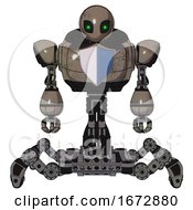 Poster, Art Print Of Droid Containing Grey Alien Style Head And Green Inset Eyes And Heavy Upper Chest And Blue Shield Defense Design And Insect Walker Legs Patent Khaki Metal Front View