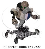 Poster, Art Print Of Droid Containing Grey Alien Style Head And Green Inset Eyes And Heavy Upper Chest And Blue Shield Defense Design And Insect Walker Legs Patent Khaki Metal Fight Or Defense Pose