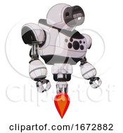 Poster, Art Print Of Robot Containing Cable Connector Head And Heavy Upper Chest And Chest Compound Eyes And Jet Propulsion White Halftone Toon Facing Left View
