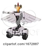 Poster, Art Print Of Automaton Containing Bird Skull Head And Yellow Led Protruding Eyes And Chicken Design And Light Chest Exoshielding And Ultralight Chest Exosuit And Pilots Wings Assembly And Tank Tracks