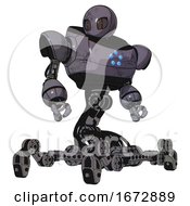 Poster, Art Print Of Cyborg Containing Grey Alien Style Head And Metal Grate Eyes And Heavy Upper Chest And Circle Of Blue Leds And Insect Walker Legs Light Lavender Metal Hero Pose