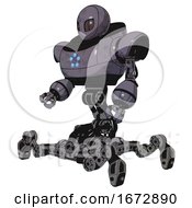 Poster, Art Print Of Cyborg Containing Grey Alien Style Head And Metal Grate Eyes And Heavy Upper Chest And Circle Of Blue Leds And Insect Walker Legs Light Lavender Metal Facing Right View