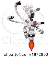 Poster, Art Print Of Cyborg Containing Humanoid Face Mask And Two-Face Black White Mask And Light Chest Exoshielding And Red Energy Core And Blue-Eye Cam Cable Tentacles And Jet Propulsion White Halftone Toon