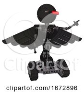 Poster, Art Print Of Droid Containing Round Head And Horizontal Red Visor And Light Chest Exoshielding And Pilots Wings Assembly And No Chest Plating And Tank Tracks Clean Black Pointing Left Or Pushing A Button
