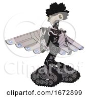 Robot Containing Bird Skull Head And Yellow Led Protruding Eyes And Crow Feather Design And Light Chest Exoshielding And Cherub Wings Design And No Chest Plating And Tank Tracks White Halftone Toon