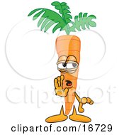 Orange Carrot Mascot Cartoon Character Holding His Hand Up By His Mouth While Whispering A Secret