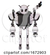 Poster, Art Print Of Mech Containing Grey Alien Style Head And Black Eyes And Bug Antennas And Heavy Upper Chest And Chest Vents And Ultralight Foot Exosuit White Halftone Toon Front View