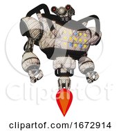 Poster, Art Print Of Droid Containing Dual Retro Camera Head And Simple Blue Telescopic Eye Head And Heavy Upper Chest And Colored Lights Array And Jet Propulsion Halftone Sketch Hero Pose