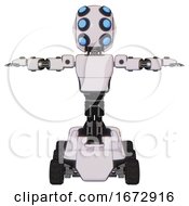 Robot Containing Round Head And Six Eye Array And Bug Eyes And Light Chest Exoshielding And Prototype Exoplate Chest And Six Wheeler Base White Halftone Toon T Pose