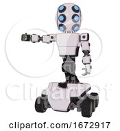 Poster, Art Print Of Robot Containing Round Head And Six Eye Array And Bug Eyes And Light Chest Exoshielding And Prototype Exoplate Chest And Six-Wheeler Base White Halftone Toon Arm Out Holding Invisible Object