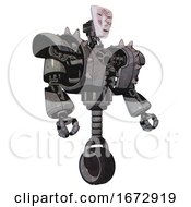 Poster, Art Print Of Automaton Containing Humanoid Face Mask And Die Robots Graffiti Design And Heavy Upper Chest And Heavy Mech Chest And Shoulder Spikes And Unicycle Wheel Unpainted Metal Facing Left View