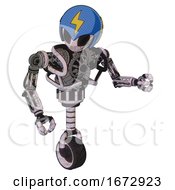 Poster, Art Print Of Android Containing Grey Alien Style Head And Black Eyes And Lightning Bolts And Blue Helmet And Heavy Upper Chest And No Chest Plating And Unicycle Wheel Sketch Pad Doodle Lines