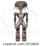 Poster, Art Print Of Cyborg Containing Flat Elongated Skull Head And Cables And Light Chest Exoshielding And Ultralight Chest Exosuit And Prototype Exoplate Legs Khaki Halftone Front View