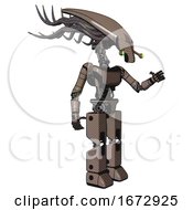 Poster, Art Print Of Cyborg Containing Flat Elongated Skull Head And Cables And Light Chest Exoshielding And Ultralight Chest Exosuit And Prototype Exoplate Legs Khaki Halftone Interacting