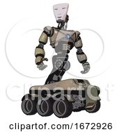 Automaton Containing Humanoid Face Mask And Light Chest Exoshielding And Blue Energy Core And Six Wheeler Base Grungy Fiberglass Hero Pose