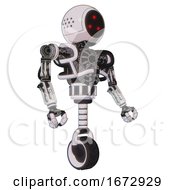 Poster, Art Print Of Cyborg Containing Three Led Eyes Round Head And Heavy Upper Chest And No Chest Plating And Unicycle Wheel White Halftone Toon Facing Left View