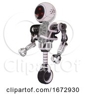 Poster, Art Print Of Cyborg Containing Three Led Eyes Round Head And Heavy Upper Chest And No Chest Plating And Unicycle Wheel White Halftone Toon Facing Right View