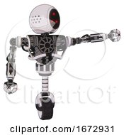 Poster, Art Print Of Bot Containing Three Led Eyes Round Head And Heavy Upper Chest And No Chest Plating And Unicycle Wheel White Halftone Toon Pointing Left Or Pushing A Button