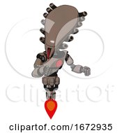 Poster, Art Print Of Mech Containing Flat Elongated Skull Head And Light Chest Exoshielding And Red Chest Button And Jet Propulsion Khaki Halftone Fight Or Defense Pose
