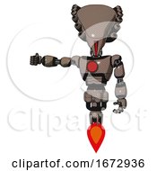 Poster, Art Print Of Mech Containing Flat Elongated Skull Head And Light Chest Exoshielding And Red Chest Button And Jet Propulsion Khaki Halftone Arm Out Holding Invisible Object