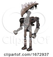 Poster, Art Print Of Mech Containing Flat Elongated Skull Head And Spikes And Heavy Upper Chest And No Chest Plating And Ultralight Foot Exosuit Khaki Halftone Facing Right View