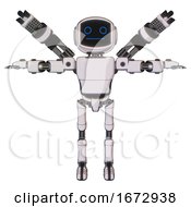 Poster, Art Print Of Mech Containing Digital Display Head And Blank-Faced Expression And Light Chest Exoshielding And Prototype Exoplate Chest And Minigun Back Assembly And Ultralight Foot Exosuit White Halftone Toon