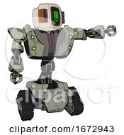 Poster, Art Print Of Bot Containing Old Computer Monitor And Pixel Exclamation Point Alert Face And Old Retro Speakers And Heavy Upper Chest And Heavy Mech Chest And Green Cable Sockets Array And Tank Tracks Green Metal