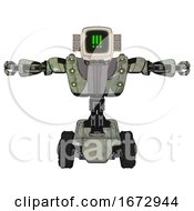 Bot Containing Old Computer Monitor And Pixel Exclamation Point Alert Face And Old Retro Speakers And Heavy Upper Chest And Heavy Mech Chest And Green Cable Sockets Array And Tank Tracks Green Metal