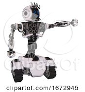 Poster, Art Print Of Automaton Containing Digital Display Head And Happy Face And Eye Lashes Deco And Heavy Upper Chest And No Chest Plating And Tank Tracks White Halftone Toon Pointing Left Or Pushing A Button