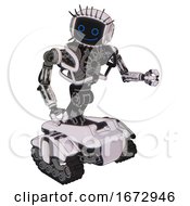 Poster, Art Print Of Automaton Containing Digital Display Head And Happy Face And Eye Lashes Deco And Heavy Upper Chest And No Chest Plating And Tank Tracks White Halftone Toon Fight Or Defense Pose