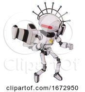 Poster, Art Print Of Bot Containing Oval Wide Head And Red Horizontal Visor And Techno Halo Ornament And Light Chest Exoshielding And Yellow Star And Stellar Jet Wing Rocket Pack And Ultralight Foot Exosuit
