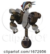 Android Containing Bird Skull Head And Yellow And Green Scope Eyes And Head Shield Design And Heavy Upper Chest And Heavy Mech Chest And Unicycle Wheel Light Brown Halftone Hero Pose